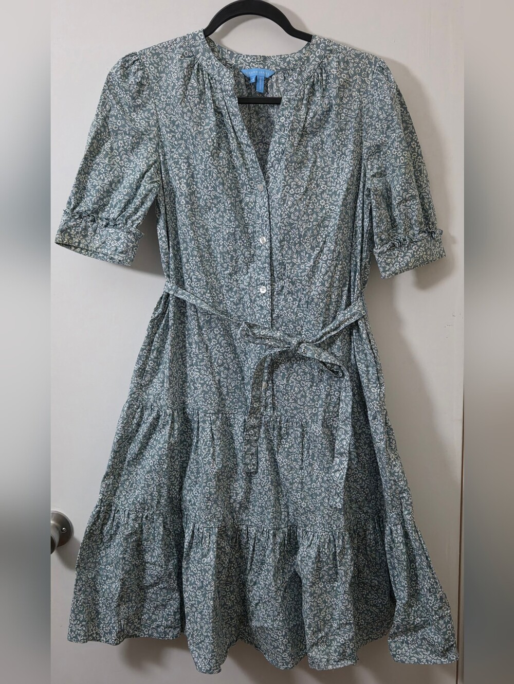 Draper James Button-Front Floral Tiered Dress with Waist Tie - Blue Green
